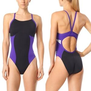 Speedo Women Endurance+ Pinstripe Flight Flyback One Piece Swimsuit Size 28